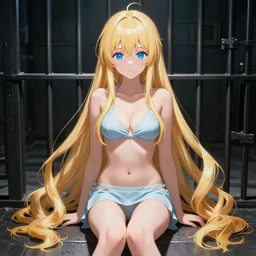 a very beautiful young anime girl with 2 0 meters long blond hair, full body, long wavy 2 0 meters long blond hair, sky blue eyes, full round face,, bikini, miniskirt, front shot, sitting in a dark prison cell, highly detailed, cinematic wallpaper by stanley artgerm lau