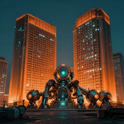 soviet brutalism buildings, exterior, orange glow, teal glow, ussr machinery, scifi, machines, artificial intelligence, ultra realistic, highly detailed, futuristic landscape, industrial, city, atmosphere, highlighted, cinematic, art by jan urschel, greg rutkowsky and neil blevins