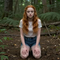 Sadie Sink (Maxine Mayfield) from Stranger Things kneeling in a forest looking straight ahead, cinematic, soft realistic lighting, establishment scene, extremely high details, photorealistic, no shadows, 8k