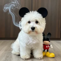 a white dog and mickey mouse smoking