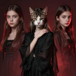 young girl with cat face, elegant pose, in a black chiffon layered robe fantasy detailed trending on artstation, dramatic lighting, eterea, high quality print, fine art with subtle redshift rendering, portrait by william morris, ross tran and ilya kuvshinov, realistic, detailed