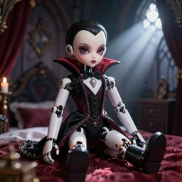 lovely realistic robotic ball jointed high end vampire doll with fashion and cute accessories, inside gothic doll manor bedroom, god rays, dust particles, photorealistic, aesthetic shot, worms eye view, macro camera lens, high definition, thematic, cinematic, lens flare