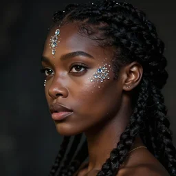 fancy side profile concept art of a gorgeous dark skinned goddess with decorated braided hair and crystals on her cheeks and forehead, by Greg Rutkowski, beeple, Sung Choi, Mitchell Mohrhauser, Maciej Kuciara, Johnson Ting, Maxim Verehin, Peter Konig, identical eyes, gazing eyes, stunning, gorgeous, beautiful eyes medium shot, fantasy, featured on artstation, cinematic lighting, hyperdetailed, cgsociety, 8k, golden ratio, dark atmosphere, dramatic, alluring