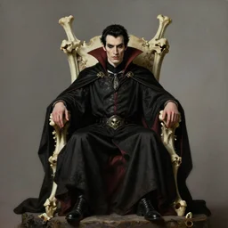 perfectly centered portrait of attractive vampire king dracula in a robe sitting on a throne of bones, highly detailed painting by gaston bussiere, craig mullins, j. c. leyendecker, 8 k