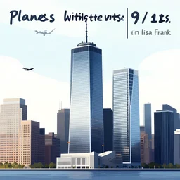 “ planes hitting the wtc towers, 9 / 1 1, in the style of lisa frank ”