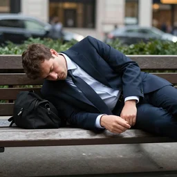 a man wearing a suit sleeping on a bench in nyc