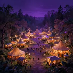 huge magical faire in a forest at night with large tents and caravans, purple ambient light, artwork by gerald brom, 4 k, masterpiece