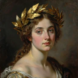 portrait of a woman wearing an ornate golden laurel leaf crown, by jacques - louis david by mattias adolfsson, by moebius, trending on artstation, featured on pixiv, masterpiece, oil on canvas, cinematic composition, dynamic beautiful lighting,