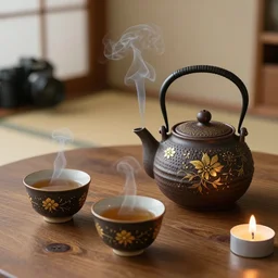 full view of an old traditional japanese ceramic teapot two smoky cup of tea on a wood table, candles smooth lighting, micro details, ( ( ( ( ( intricate ) ) gold details ) ) ), photorealism, canon camera, japanese house detailed background