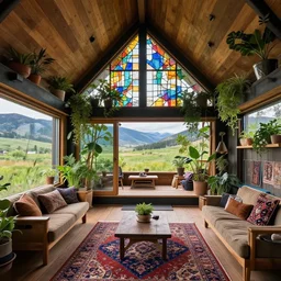 interior of a modern ecopunk frank lloyd wright tiny house mansion in the mountain valley of colorado, lots of plants and stained glass and persian rugs
