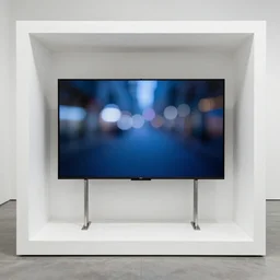 a large 16:9 flatscreen on two steel rods on a plinth inside a white cube gallery, bokeh 4k