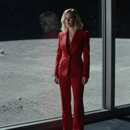 a still from the move 2 0 4 9 depicting isla fisher in a tailored red suit standing next to a plate glass window. outside is the surface of the moon. sci fi, futuristic, cinematic, soft lighting photography by fred palacio medium full shot, sci fi, bladerunner, canon eos r 3, f / 3, iso 2 0 0, 1 / 1 6 0 s, 8 k, raw, unedited