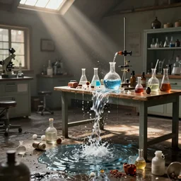 ransacked alchemy laboratory with water on the floor, broken supplies on the floor, reagents spilling over the table