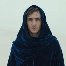 a man in a blue velvet paranja in the white desert, low fog, atmospheric hyper realistic render from the movie directed by denis villeneuve with art direction by zdzisław beksinski, close up, telephoto lens