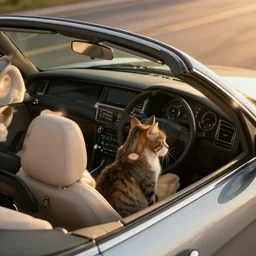 cat sitting in driver seat of a cabriolet, golden hour, top view, car chase, golden ratio