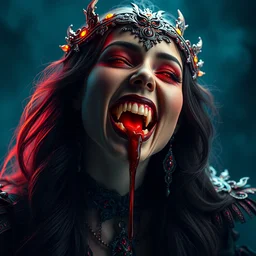 portrait of vampire woman with blood dripping from her fangs, beautiful, attractive, glowing, ornate and intricate, jaw dropping, dynamic lighting, colorful, fantasy, intricate and detailed, 4 k octane render