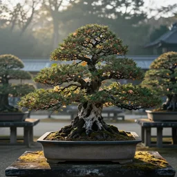 a cinematic view of a bonsai garden in japan, raking light, very early morning, intricate detail, greg rutkowski, craig mullins