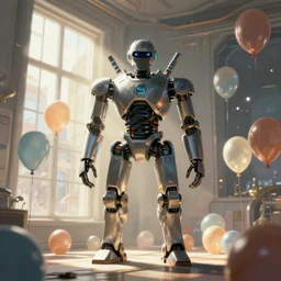 digital painting of a ninja robot in a room full of birthday baloons , concept art, by Ralph mcquarrie, sunlight pouring through window, huge scale, high detail, futuristic, godrays, volumetric lighting, warm lighting