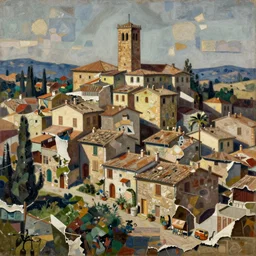 tuscan village, painting by shaun tan, detailed, intricate, torn paper decollage, oil on canvas by edward hopper, ( by mattias adolfsson ), by moebius