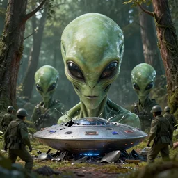 aliens ufo crushed in the forest surrounded by russian soldiers, biopunk, cyberpunk, masterpiece. rendered in blender, ultra realistic, smooth shading, ultra detailed, high resolution, cinematic, unreal 6, perfect face, cyberpunk, fine details, studio lighting, subtle shadows, art by katsuya terada, photorealism, hyper realism, octane render, hyper detailed, canon eos r 3, f / 1. 4, iso 2 0 0, 1 / 1 6 0 s, medium shot, 8 k, raw, unedited, in - frame,