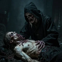 plague doctor embracing a decomposing corpse being eated by maggots, by dario argento and david cronenberg, morbid, nightmare, supernatural, 8 k, highly detailed, chiaroscuro, creepy, terrifying