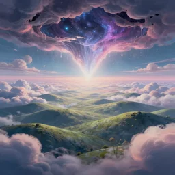 a psychedelic realm with rolling plains made out of clouds, and tear in the sky that leads into the multiverse, in the style of wlop, illustration, epic, fantasy, hyper detailed, smooth, unreal engine, sharp focus, ray tracing