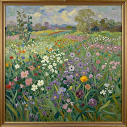 an oil painting in the style of Rembrandt of a beautiful flower field