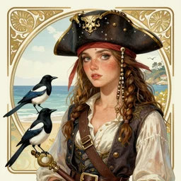 freckled mediterranean pirate girl and a small black and white magpie, seaside backgroud, art for young adult fantasy novel, intricate, elegant, clean, well composed, highly detailed, art by chengwei pan and viktoria gavrilenko and artgerm and greg rutkowski and alphonse mucha and josephine wall, trending on artstation