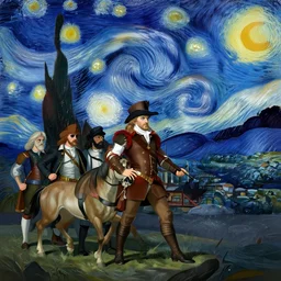 a mix between napoleon crossing the alps and the starry night and the night watch, artstation, deviantart