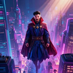 cityscape, doctor strange!, vaporwave, synthwave, glowing neon lights, detailed illustration, octane render, god rays, intricate, epic lighting, cinematic composition, hyper realistic, 8 k resolution, unreal engine 5, by artgerm, tooth wu, dan mumford, beeple, wlop, artstation