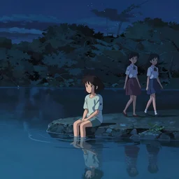 digital anime art, girl sitting in the middle of a lake alone at night, in the reflection the girl is walking together with another girl by Makoto Shinkai.