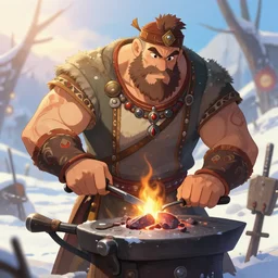 Beautiful detailed high quality illustration of an old Slavic blacksmith, very strong and muscular man, a lot of Slavic decor elements and cloth::vibrant winter, romantic mood, morning sunlight::art by Ghibli Studio, League of Legends, Arcane, Wild Rift, trending on artstation::one character in scene, single solid body, no artefacts, no two heads, no two bodies