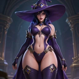 sorceress with a big hat ans thigh highs, high fantasy, highly detailed, sharp focus, smooth, by league of legends official artists, insanely wide hips, insanely tiny waist
