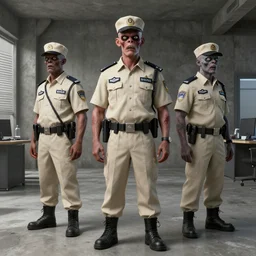 ( ( beige ) ) uniform and caps zombie ) security officers ( background brutalist gray concrete office ) trending on artstation high detail digital painting 4 k 8 k hd accurate