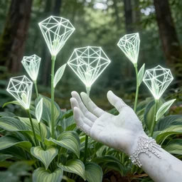 human hand intricately sculpted of marble and decorated with diamonds + reaching towards abundant flowering hosta flowers!!!, 3 d geometric neon cubed hosta flowers, in serene forest setting, rule of thirds, clean linework, dramatic, award winning, 4 k, trending on artstation, photorealistic, volumetric lighting, octane render