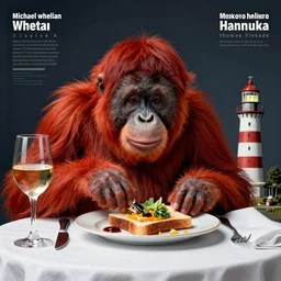 rendering lunch of elegant red orangutan eating lighthouse as toast, white tablecloth, glass tableware, travel poster artwork by michael whelan and tomer hanuka, high contrast, full of details, by makoto shinkai and thomas kinkade, matte painting, trending on artstation and unreal engine