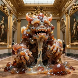 Extreme Caravagistti. The absolute worst, most grotesque and awful monster made of gelatinous fleshy blobs. The monster is in an ornately gilded rococo art museum gallery designed by frank lloyd wright and donatello