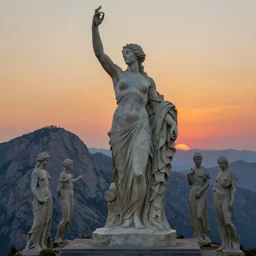 an ultradetailed matte landscape painting of mountain sized sculpture of a beautiful and elegant woman, sunrise on the horizon in the background, stone hand raised up, 8 k, art by greg rutkowski and alphonse mucha and andreas rocha and albert bierstadt