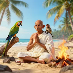 gandhi at the beach,, sitting on the sand next to a campfire and a parrot on tree log, in a yoga pose, with a small monkey on his shoulder, with palm trees in the back, glorious lighting, epic environment, colourful, vibrant, hyper realistic, extreme detail, sand, smooth, subtle shadows, fine details, octane render, stunning, intricate, elegant, highly detailed, digital portrait, artstation, smooth, sharp focus, raw