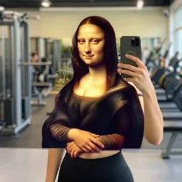 female influencer face mixed with mona lisa face in gym instagram selfie photo staring at camera with curly hair in gym photo # gym # photography # beauty
