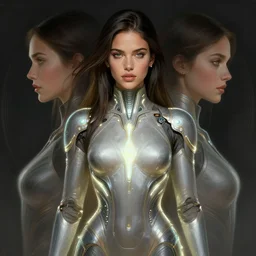 symmetry portrait of lana parilla, sci - fi, tech wear, glowing lights intricate, elegant, highly detailed, digital painting, artstation, concept art, smooth, sharp focus, illustration, art by artgerm and greg rutkowski and alphonse mucha