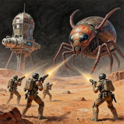 space soldiers shoot at giant alien insect on martian space stations, colored pencil, highly detailed, deep aesthetic, highly ornate intricate details, cinematic lighting, rich colors, ray tracing, hyperrealistic, cinematic landscape, art by artgerm and mizutani shion