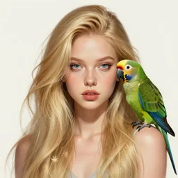 portrait of a young blonde alternative instagram girl with a parrot, upper body, long hair, intricate, highly detailed, digital painting, artstation, concept art, matte, sharp focus, illustration