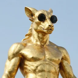 sculpture of moloch wearing round sunglasses, gold, digital art, classical art, sharp focus, clear sky, muscular