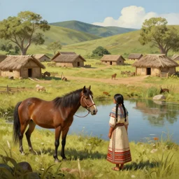 a beautiful matte painting of a native amwrican village, a beautiful woman leads a horse to a pond, artstation, by greg rutkowski