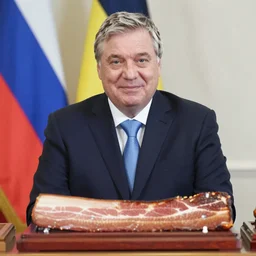 portrait of viktor orban proudly sitting behind a table full of bacon, close - up