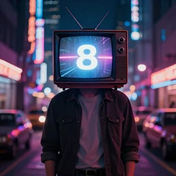 a man facing the camera with a 8 0's television instead of his head, neon lights, neon city, deviantart, artstation, bokeh, movie still, award wining photograph
