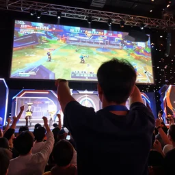 Close Up of the winner celebrating on stage at a video game tournament with professional staging and truss lighting, projector screens showcasing gameplay Super Smash Brothers Ultimate, moment of victory as the crowd cheers and confetti flies through the air