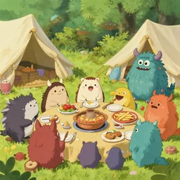 lab to create cute monsters and creatures joyfully having a feast at a campsite, close up, natural lighting, playful color scheme, intricate details, matte painting, illustration, by hayao miyazaki