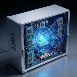 a quantum space-time machine server with multiple microprocessors and chips by Isaac Asimov. sci-fi.